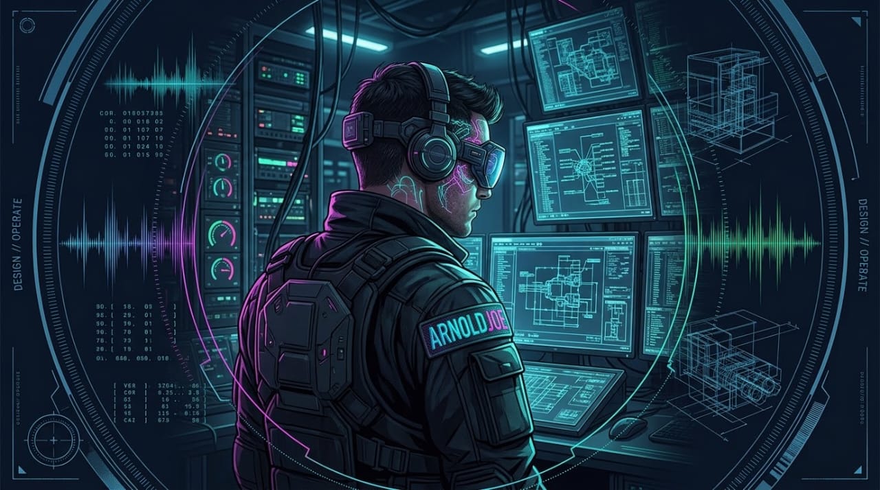 Arnoldjoe Obisky, founder of $SCHEMA, at a bank of blueprint monitors