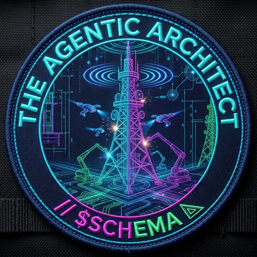 $SCHEMA emblem: The Agentic Architect, a lattice tower assembled by drones and robotic arms
